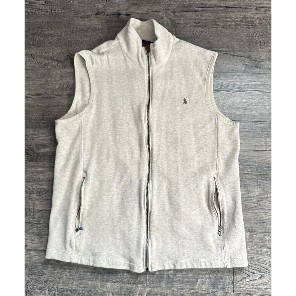 Ralph Lauren Polo Sweater Vest Mens Large Beige Cardigan Full Zip Sleeveless L